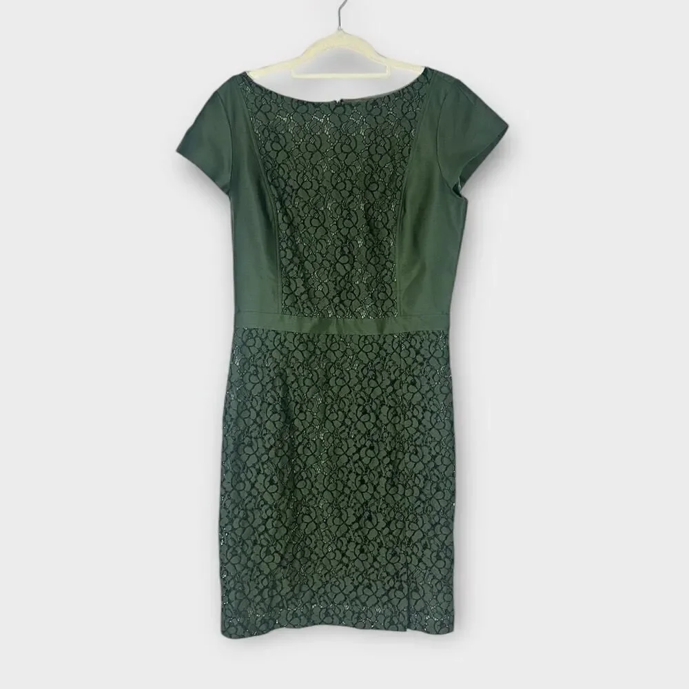 Tory Burch Mariana Sheath Dress Women's 6 Green Wool Silk Satin Lace Accent